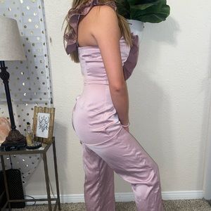 rose one shoulder silk pantsuit